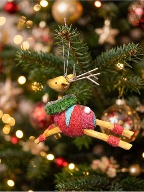 Colorful Yarn-Wrapped Reindeer Ornament with Tinsel Collar
